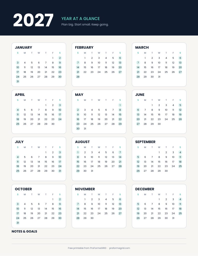 2027 Yearly Calendar Template preview
